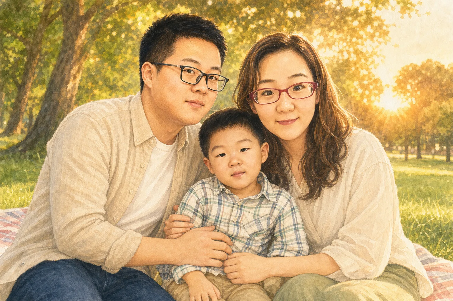 2026年，爸爸妈妈和长大一些的涂涂在公园里合影