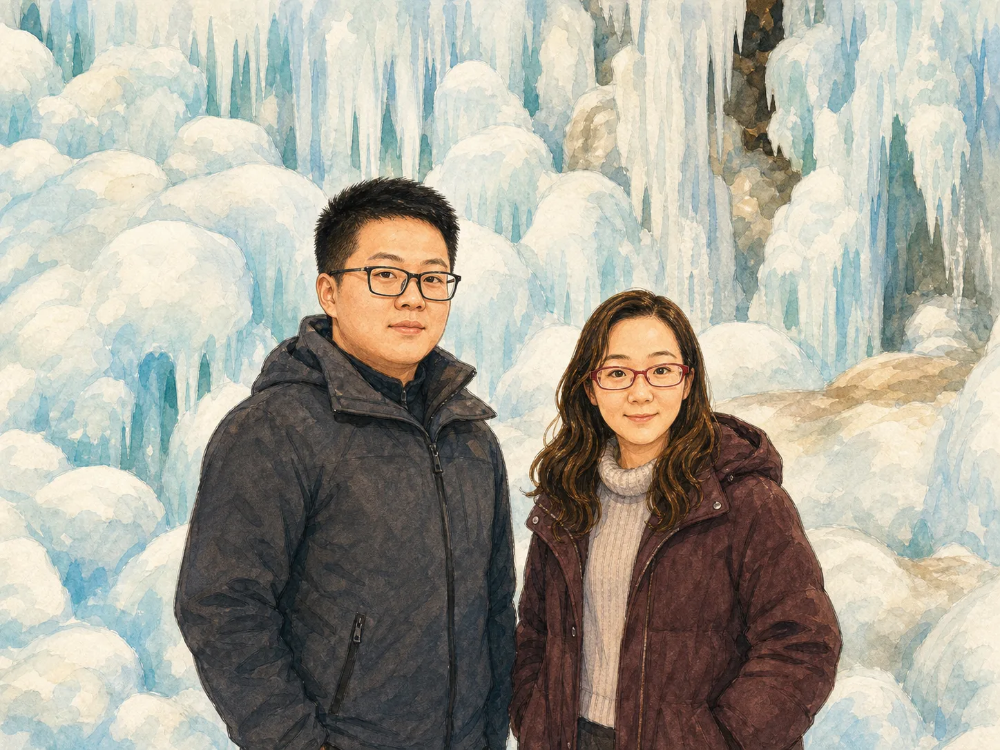 我们一起站在黑龙潭冬日冰瀑前
