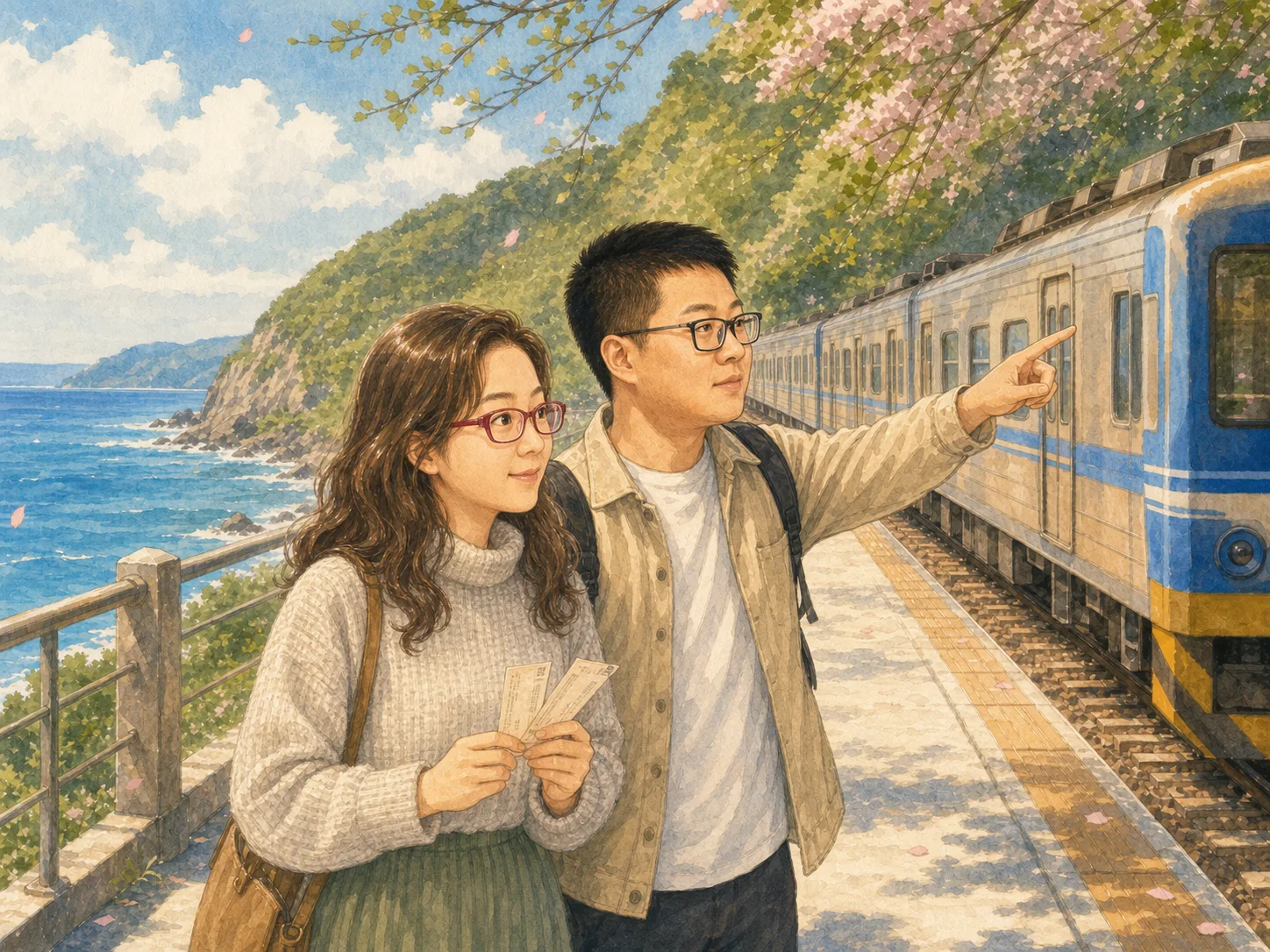 我们站在台湾海岸铁路旁看海